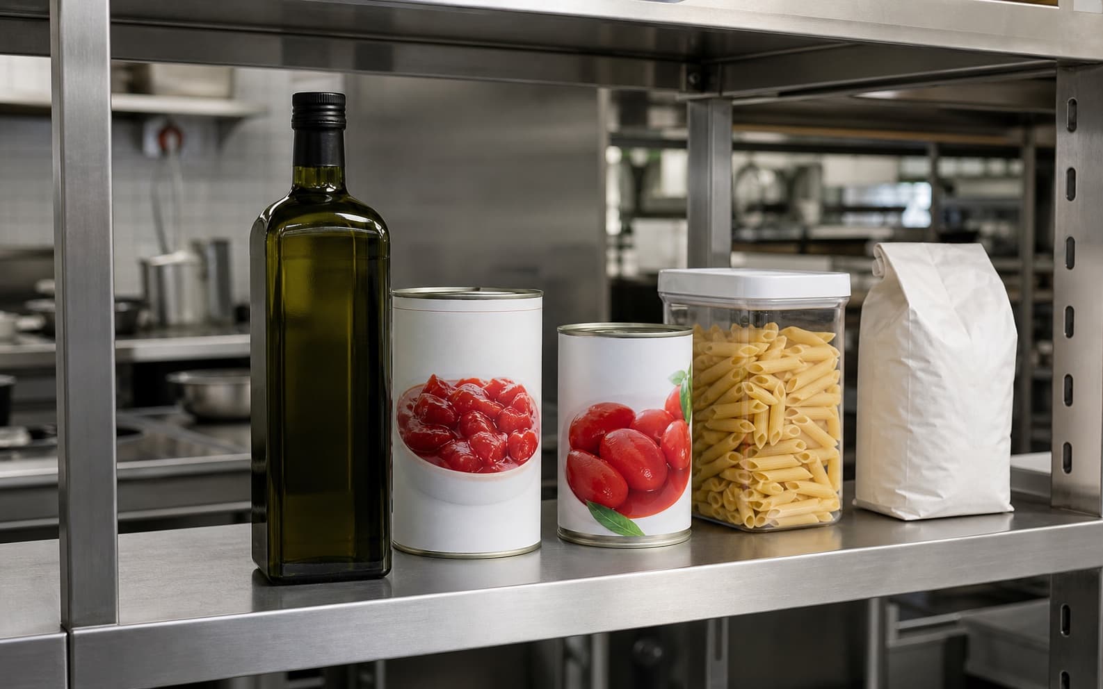 Restaurant storage shelf with olive oil, tomatoes, pasta, and flour ready for an inventory scan